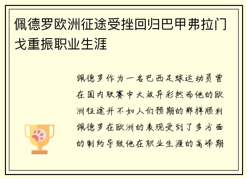 佩德罗欧洲征途受挫回归巴甲弗拉门戈重振职业生涯