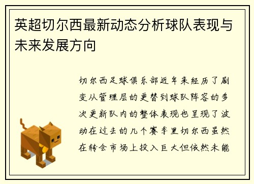 英超切尔西最新动态分析球队表现与未来发展方向